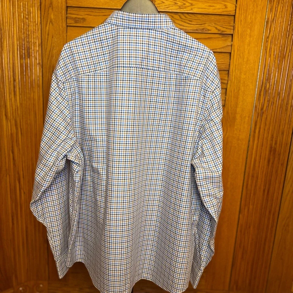 UNTUCKit Mens XXL Relaxed Fit Wrinkle Free Button Down Shirt Blue Brown Check